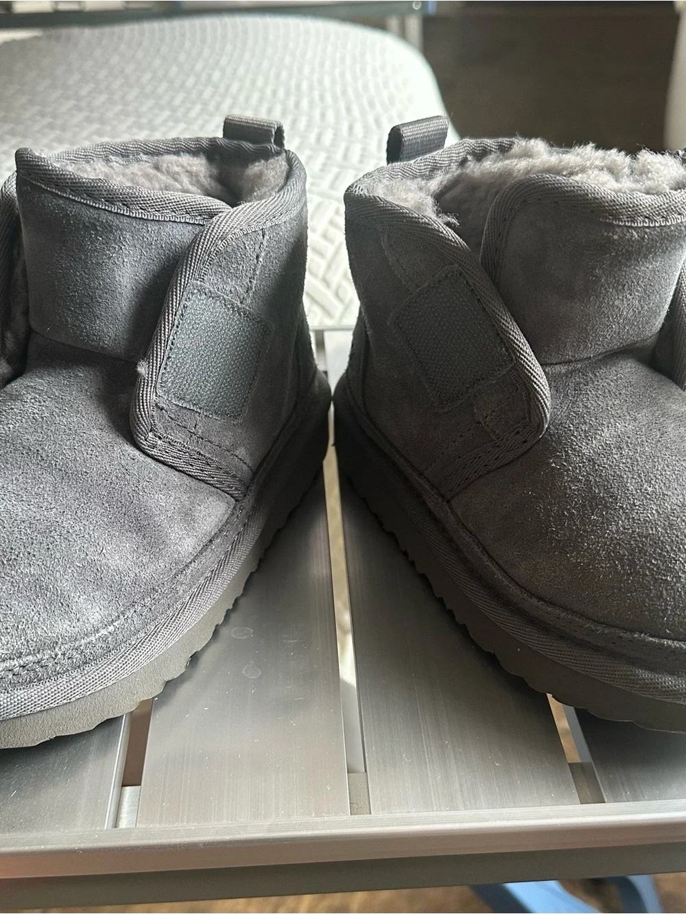 UGG Kids Charcoal Gray Suede Shearling Strap Slippers